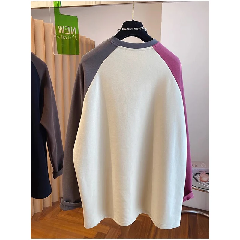 Spring Spliced Hit Color Men O Neck Long Sleeve T Shirt Street Fashion Casual All-match 2xl Oversized Couple Clothing Top Unisex