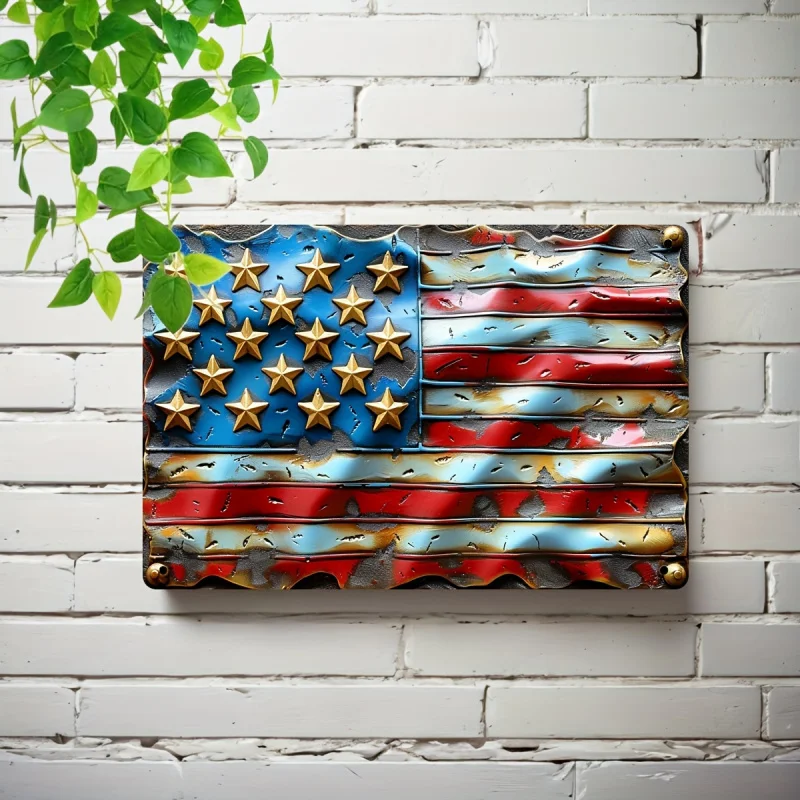 لوحة فنية جدارية معدنية عتيقة بعلم أمريكي - ديكور على شكل نجوم وخطوط وطنية مقاس 8 × 12 بوصة مع لمسات زرقاء وحمراء وذهبية #3