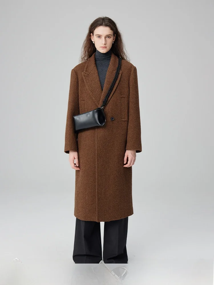 

XIMU STUDIOS Long Woolen Coat Winter Elegance Peak Lapel Gingham Pattern Korean Sle Straight Cut Long Sve Double Breasted