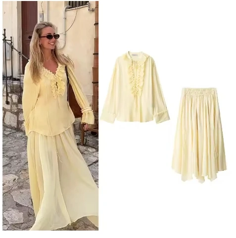 

Wrinkled Effect Skirt Set Women 2 Piece V Neck Tierred Chiffon Shirt Elastic Waist Skirts Two Piece Set Women Outfits