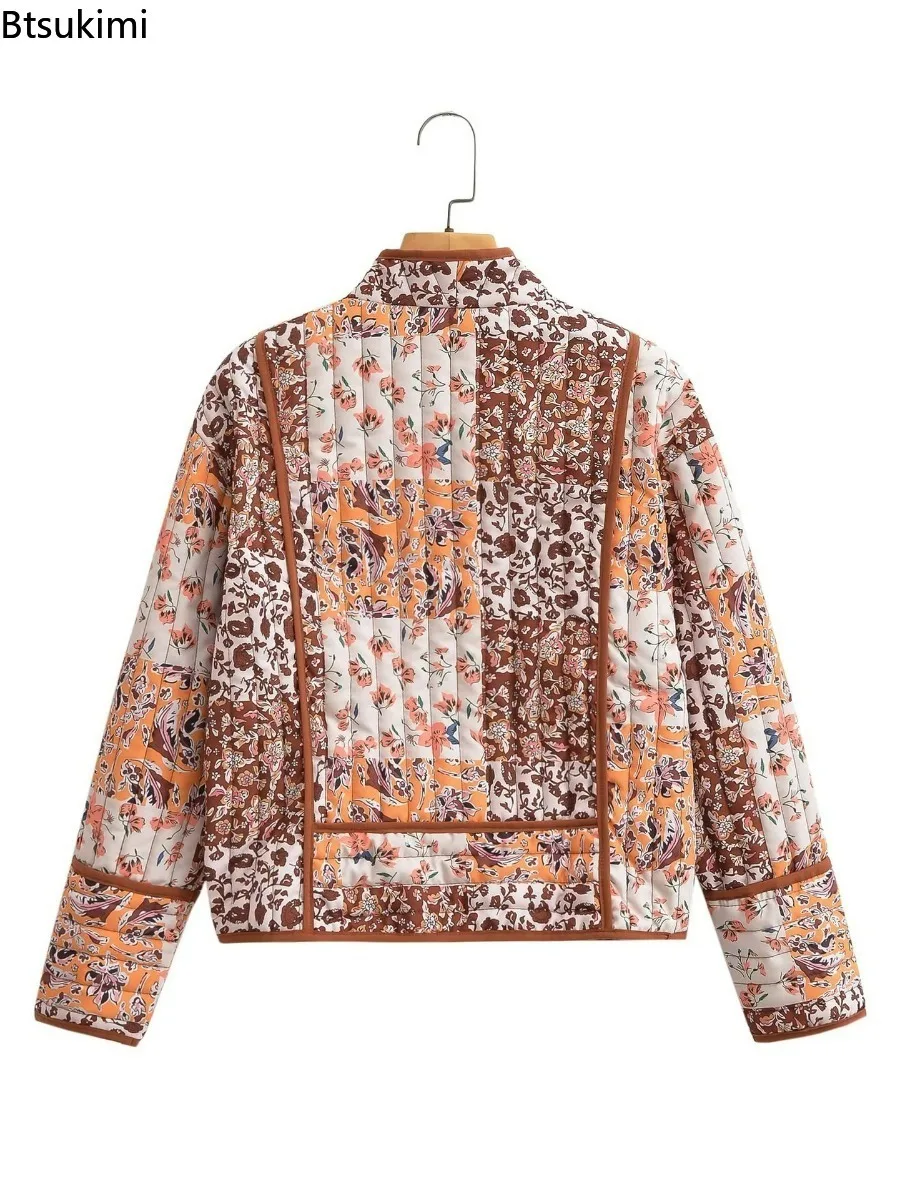 2024Women\'s Casual Warm Jacket Autumn Winter Floral Print Quilted Reversible Cotton Coat Cardigan Long Sleeve Streetwear Jackets