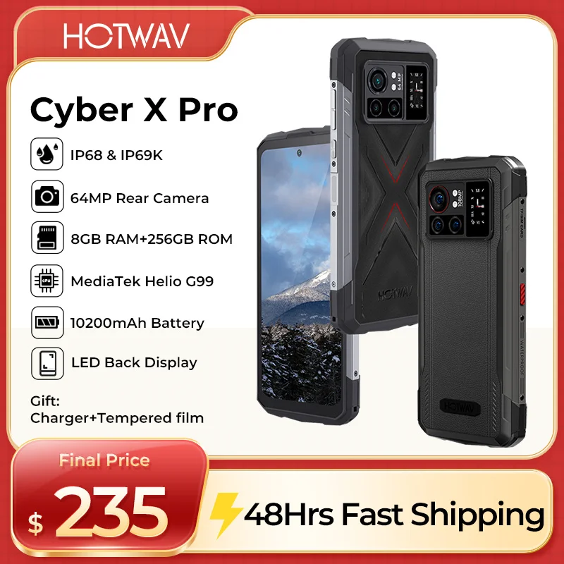 Глобальная версия HOTWAV Cyber X Pro Водонепроницаемый сотовый телефон 6,78 дюйма FHD 90 Гц MTK G99 Android 13 10200 мАч аккумулятор 8 ГБ 256 ГБ 64 м камеры