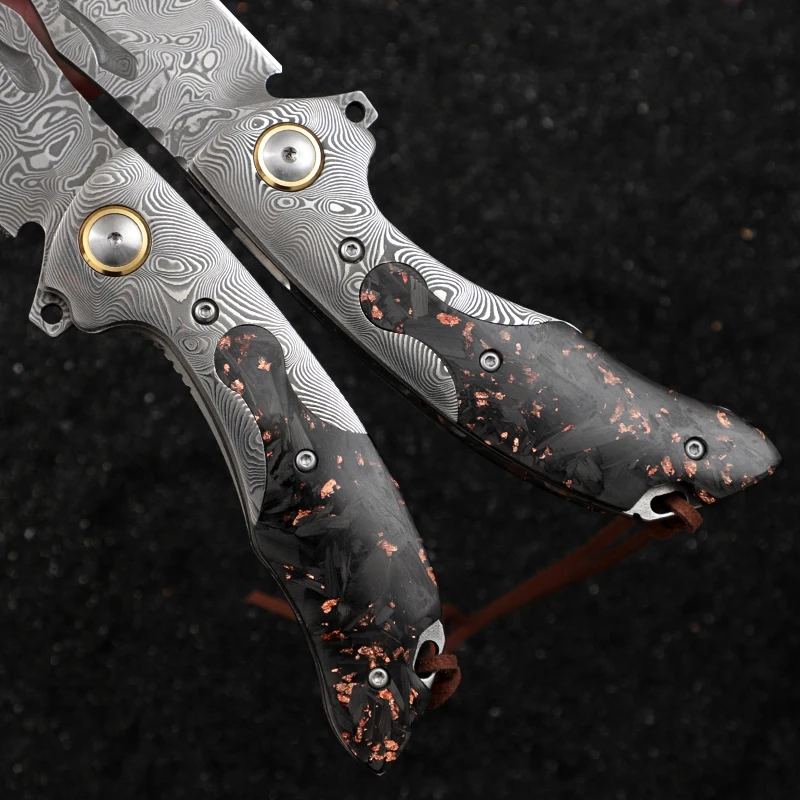 Pisau Saku Baja Damaskus Buatan Tangan, Pisau Lipat Pria, Pisau Berkemah Berburu EDC, Pisau Bertahan Hidup Berkemah Petualangan
