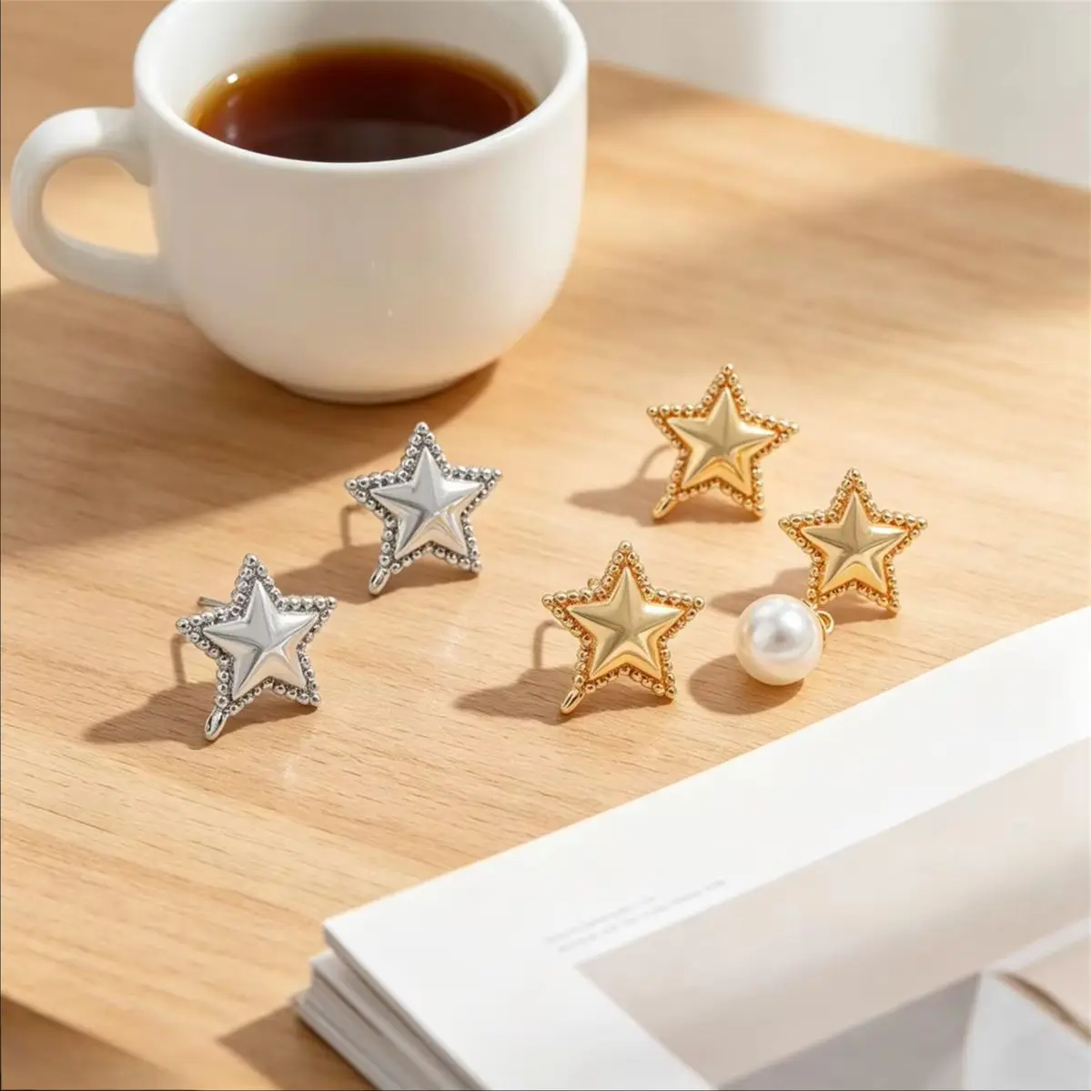 Brass Gold Plated Lace Edge Star Stud With Hanging Loop DIY Elegant Minimalist Handmade Dangle Earring Jewelry Findings
