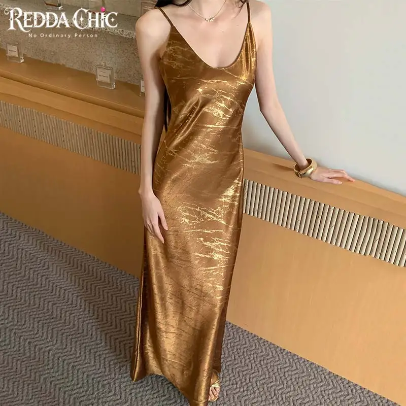 ReddaChic Luxury Gold Maxi Long Women Dress Summer Glossy Straight Sleeveless Slim Fit V-neck Camisole One-piece Evening Costume