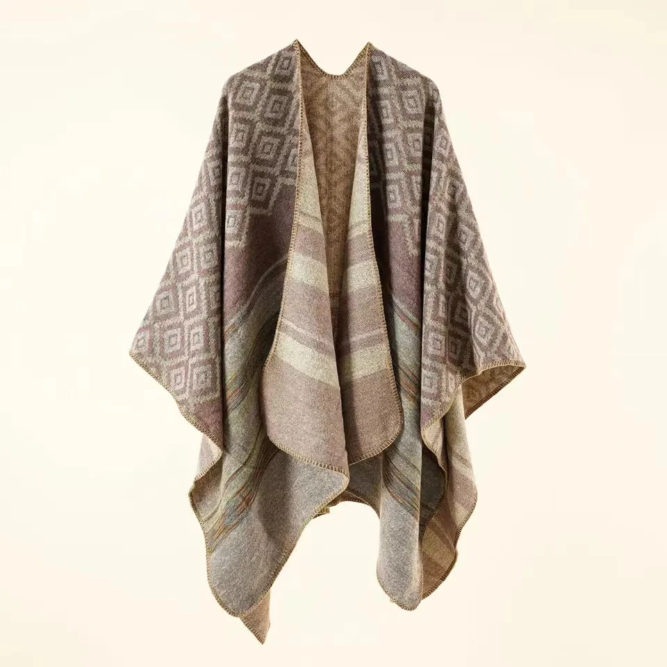 2024 Autumn Winter New Geometric Stripe Pattern Imitation Cashmere Warm Casual Women Shawl Poncho Capes Lady Coat Purple