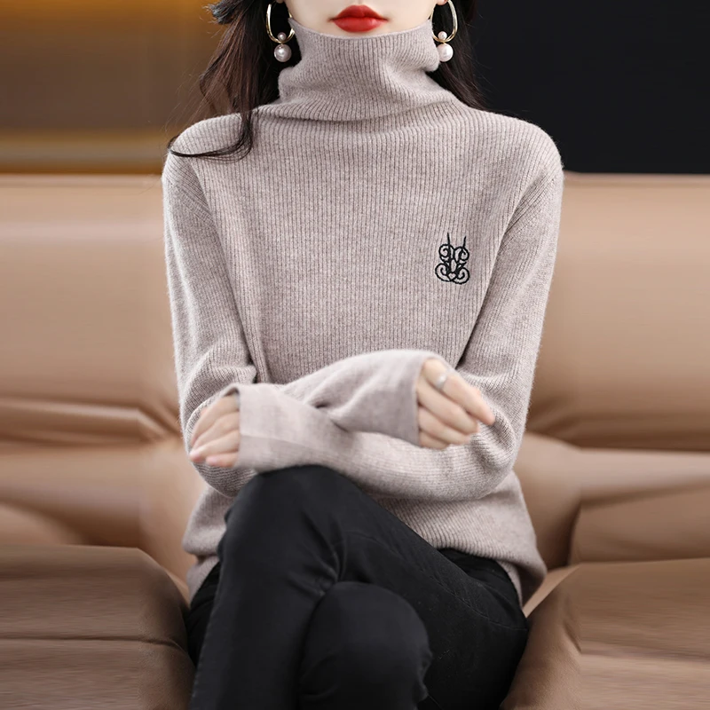 2023 Autumn/Winter New Cashmere Sweater Women\'s High Neck Pullover 100% Wool Loose Embroidered Jacquard Top Fashion Korean Editi