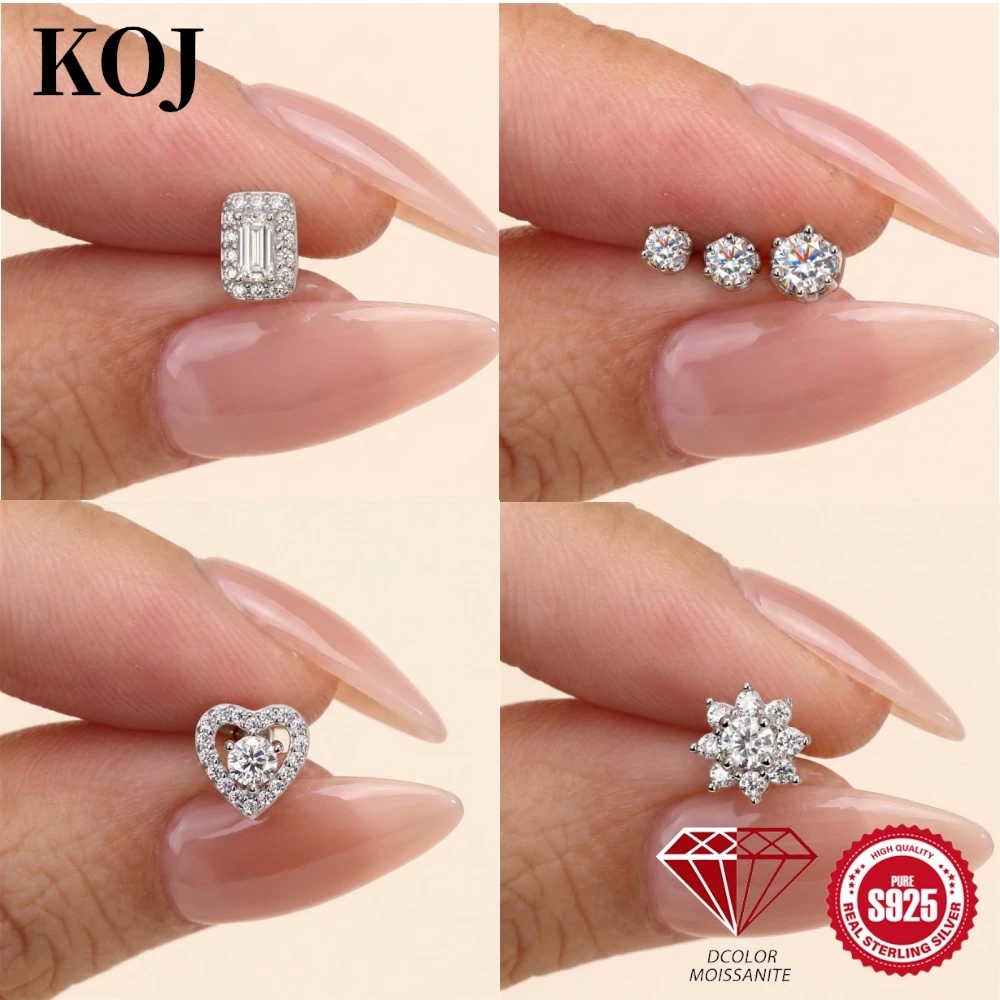 KOJ 1PC 925 Sterling Silver Trendy Moissanite Stud Earring Heart Flower Teardrop For Women Elegant Daily Hypoallergenic Gift