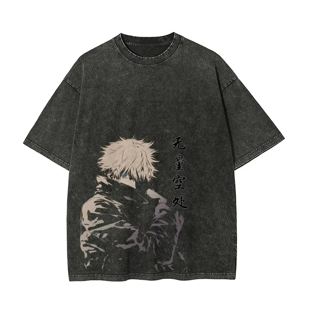 Gojo Satoru T-Shirt Jujutsu Kaisen Herren Vintage Acid Wash Infinite Void Blue Eyes Anime Grafik Streetwear Übergroße Baumwoll-T-Shirts