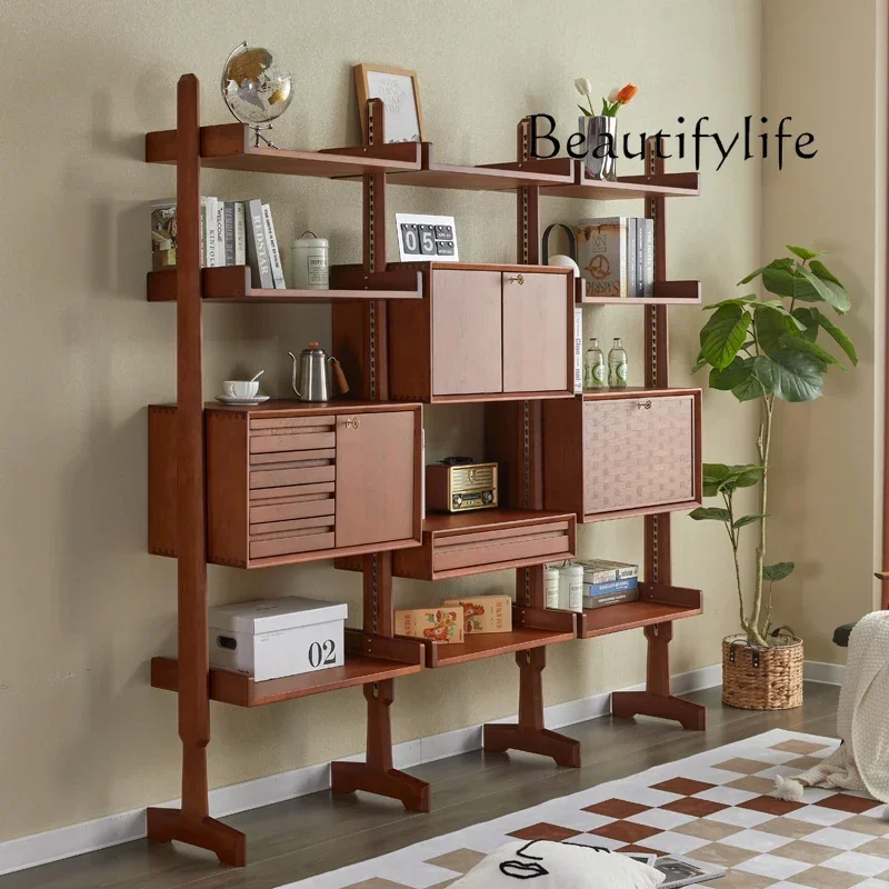 N40  Retro All Solid Wood Bookshelf Nordic Designer Wall Cabinet System Cherry Wood Medieval Bookcase Combination Display Shelf