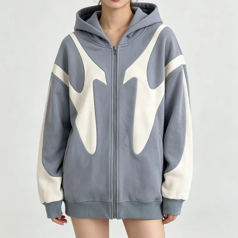 2026 Women Fashion  Color Block Zip Up Hoodie Jacket Loose Hooded Sweatshirt Y2K Hip Hop Street Skate Daily Casual Outer Coat