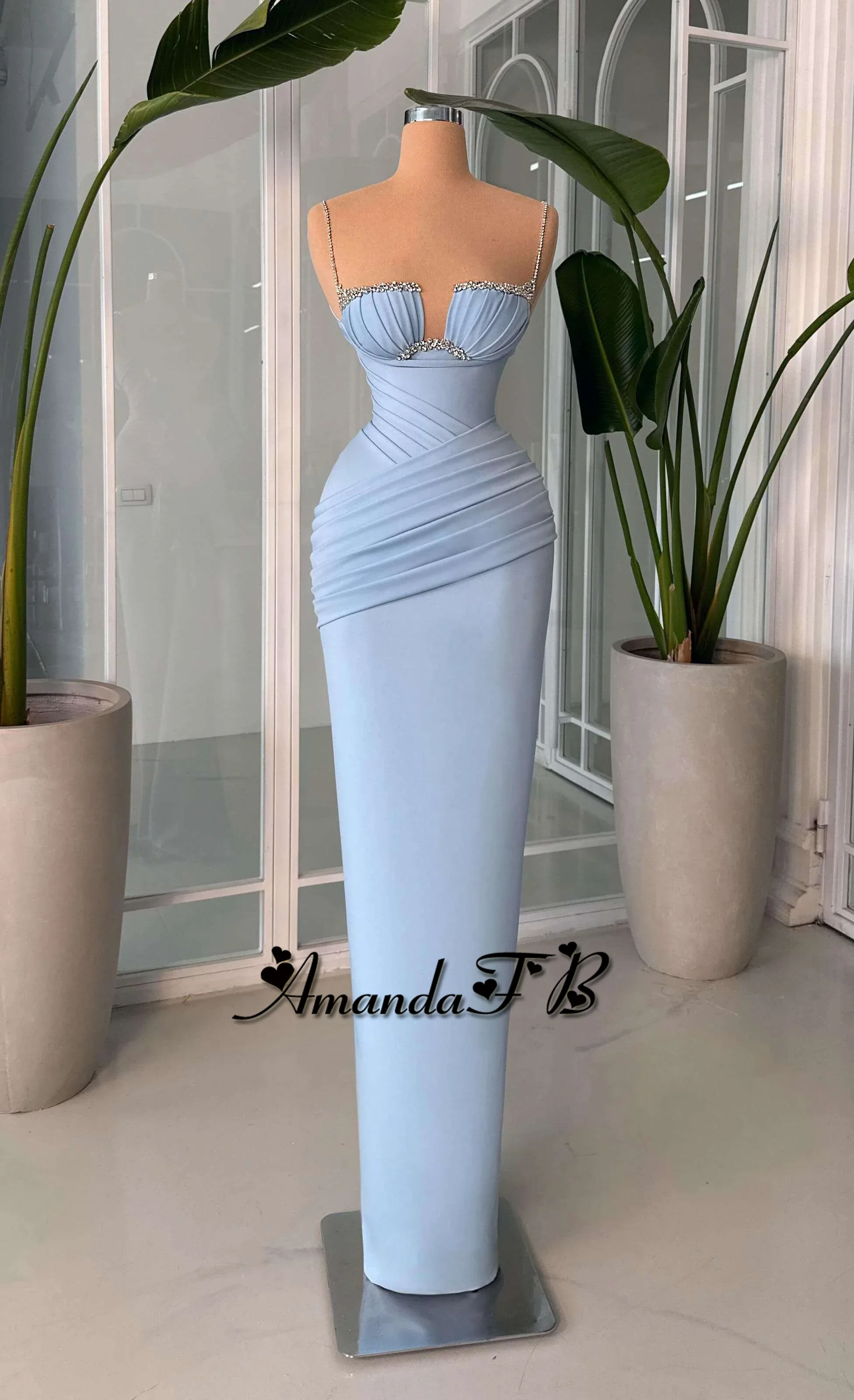 أماندا براقة السباغيتي الأشرطة مساء اللباس الحبيب الطية الراين أكمام حفل الجلباب دي سواريه مخصص