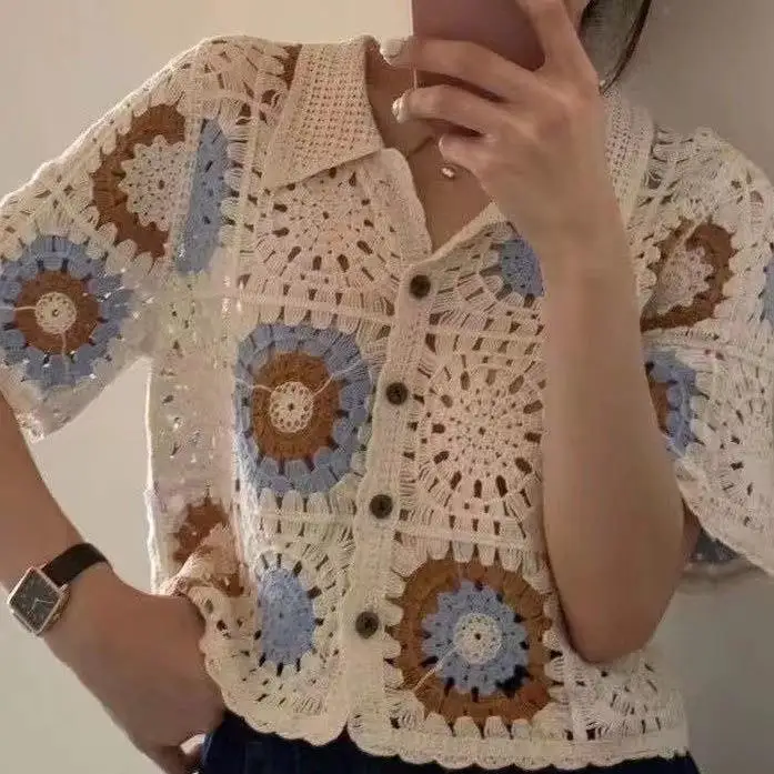 

ortsved Embroidered Hollow Thin Knitted irt Women's Faion Summer ort Sve Open Cardigan Lace Snowflake Design