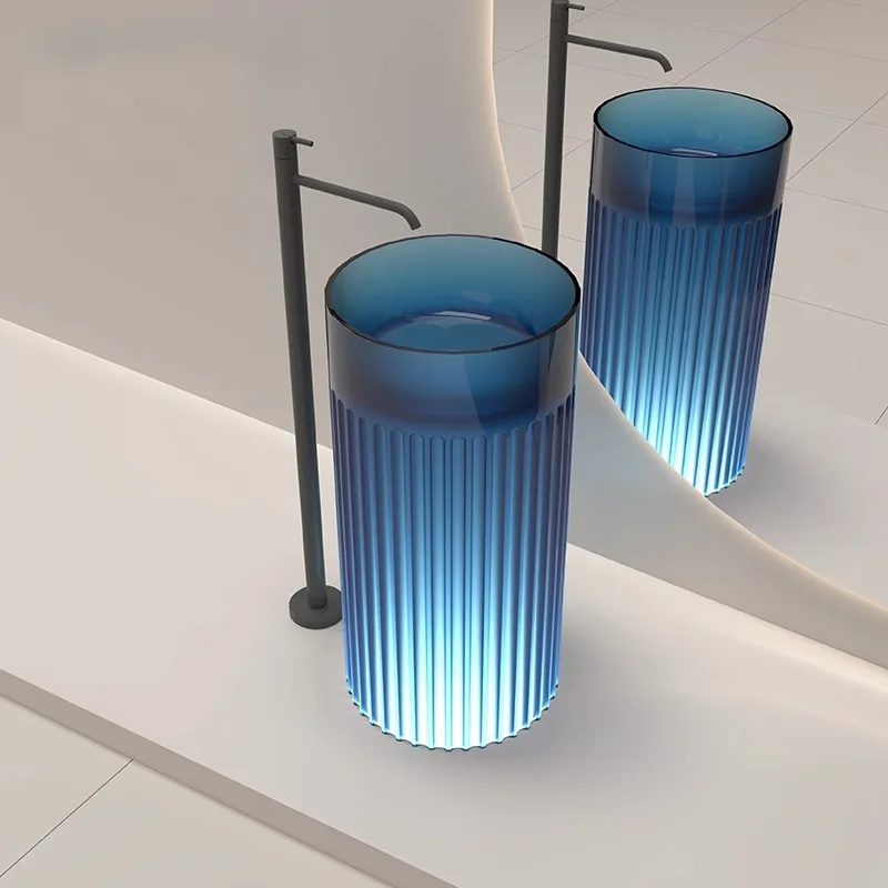 Integrated floor-to-ceiling, transparent resin wash basin