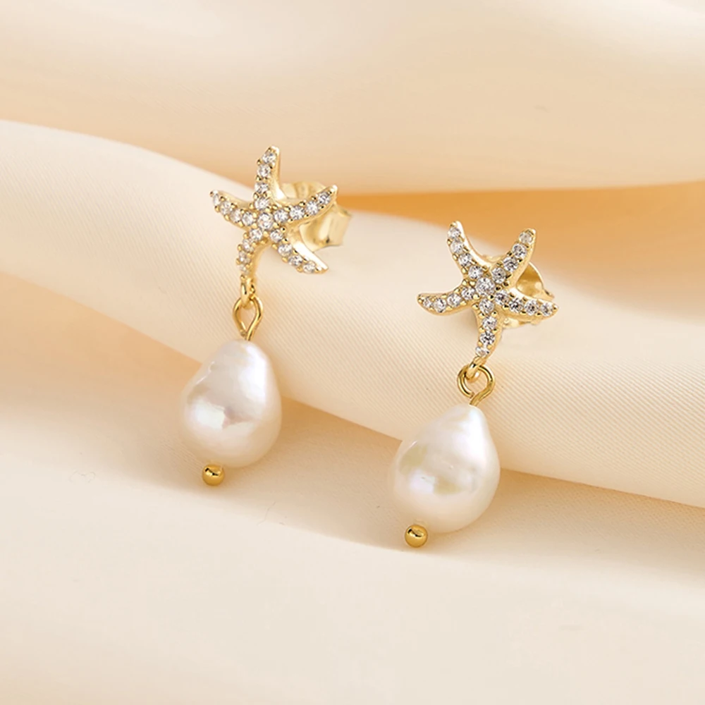 

Kiss Mandy Bohemian Shell Conch Earrings with Baroque Pearl Pendant Ocean S925 Silver Starfish Zircon Dangle Earrings GPE119