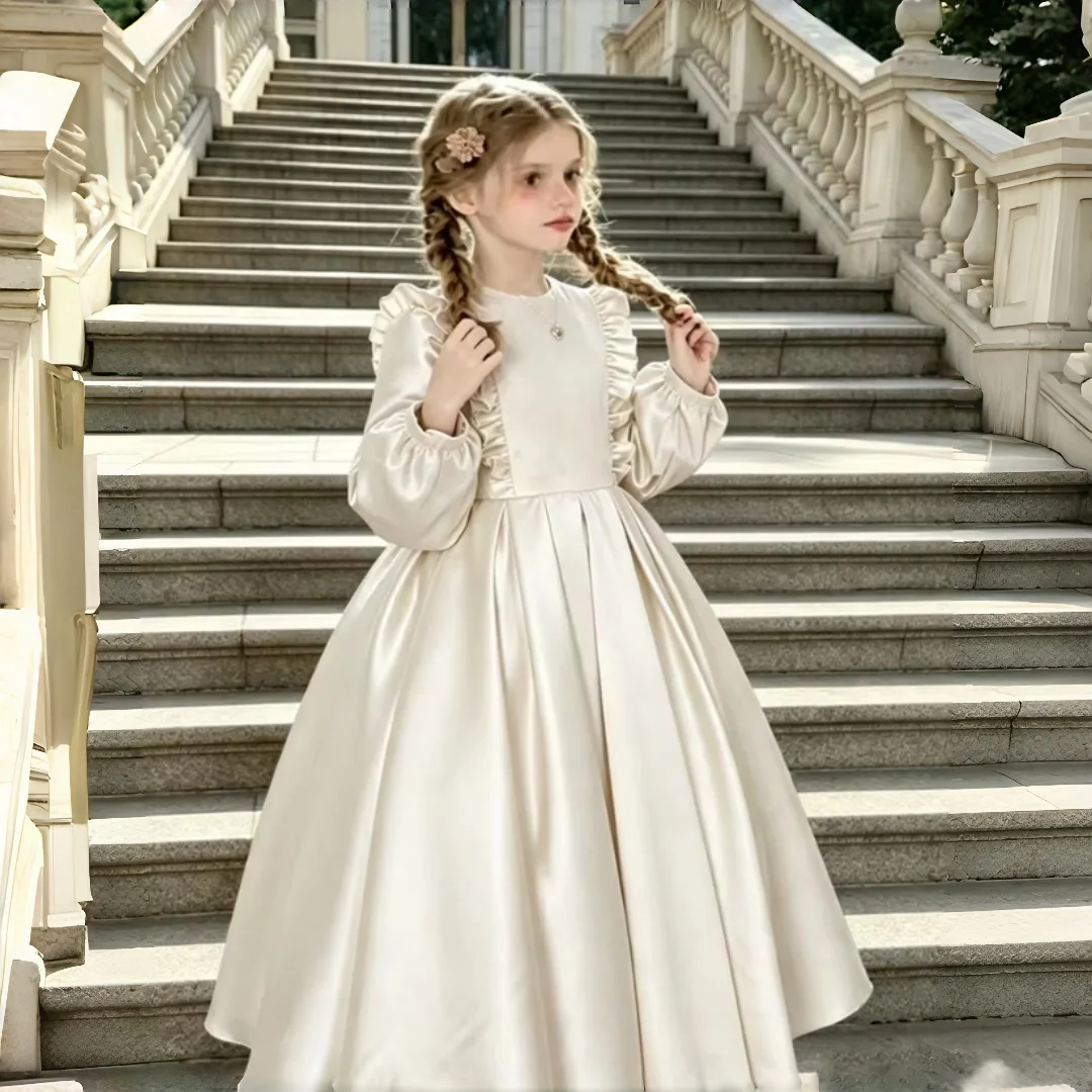 Girls Champagne Satin Flower Girl Dress Long Sleeve Ruffle Round Neck Floor Length Kids Wedding First Communion Pageant Gown