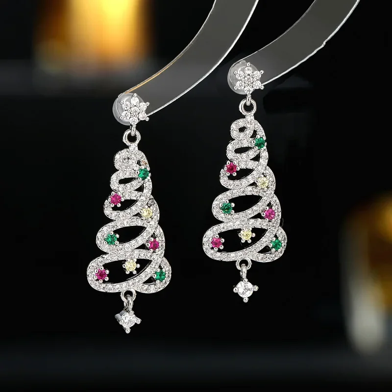 

Festive atmosphere earrings niche design zircon snowflake colorful Christmas tree earrings