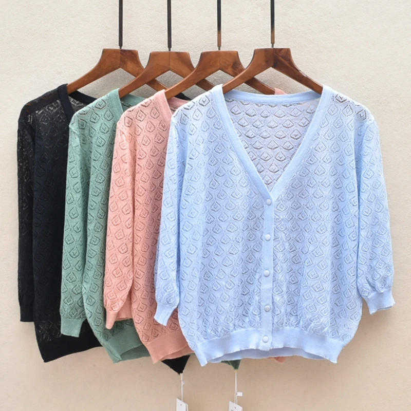 夏用薄手無地レディースオープンカーディガンVネック七分袖トップス日焼け止めニットセーター