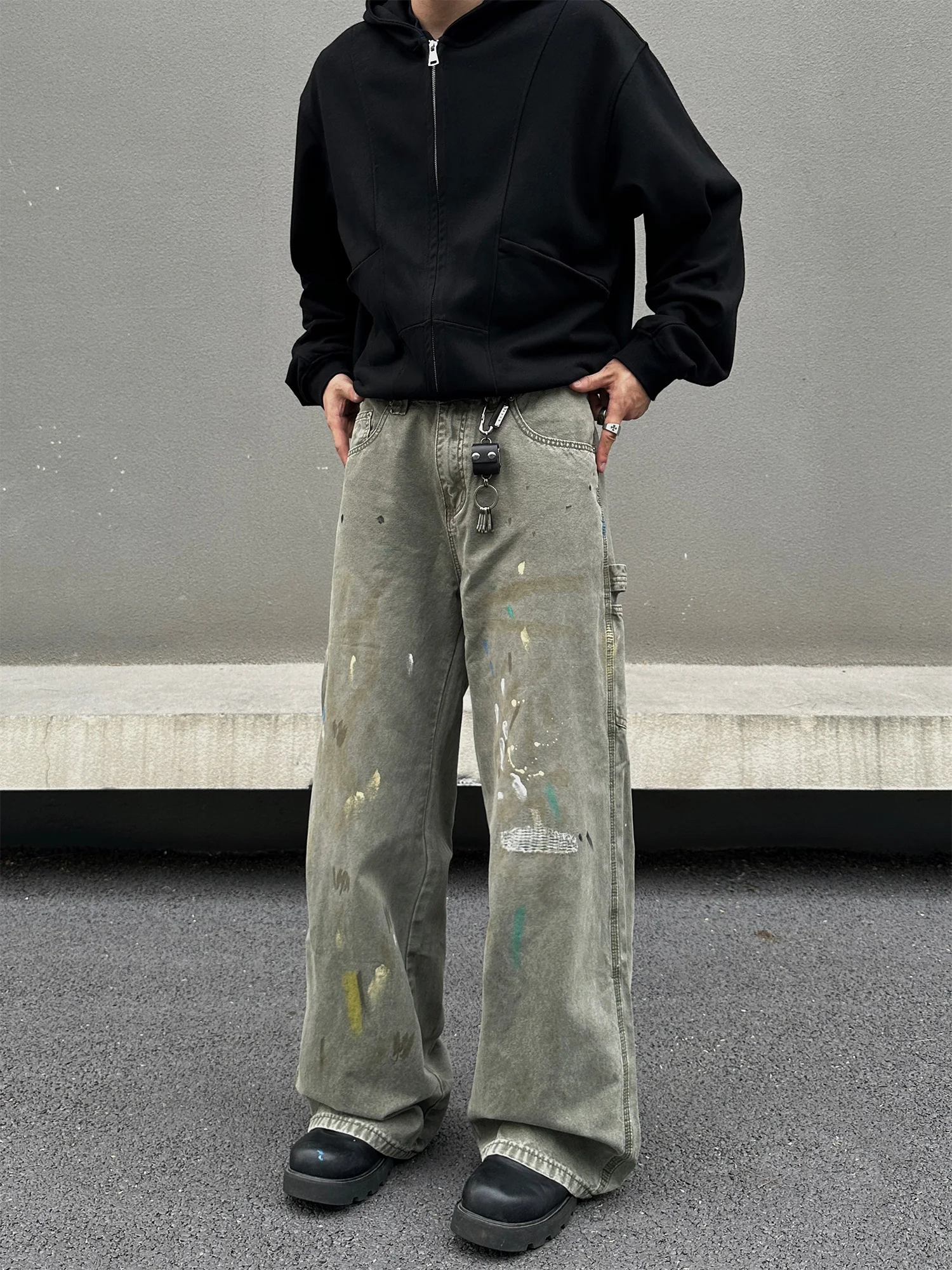 

Джинсы в стиле ретро-американский винтаж с эффектом разбрызгивания чернил, свободные прямые брюки для мужчин и женщин