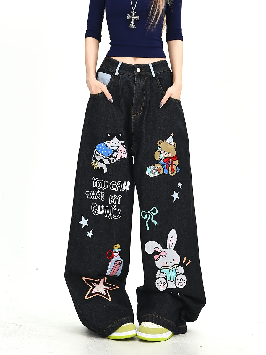 

Lazy Cartoon Animal Women's Jeans Loose Wide Leg Pants American Sweet Cool Sle Summer New Arrival Floor-Length BF Fit