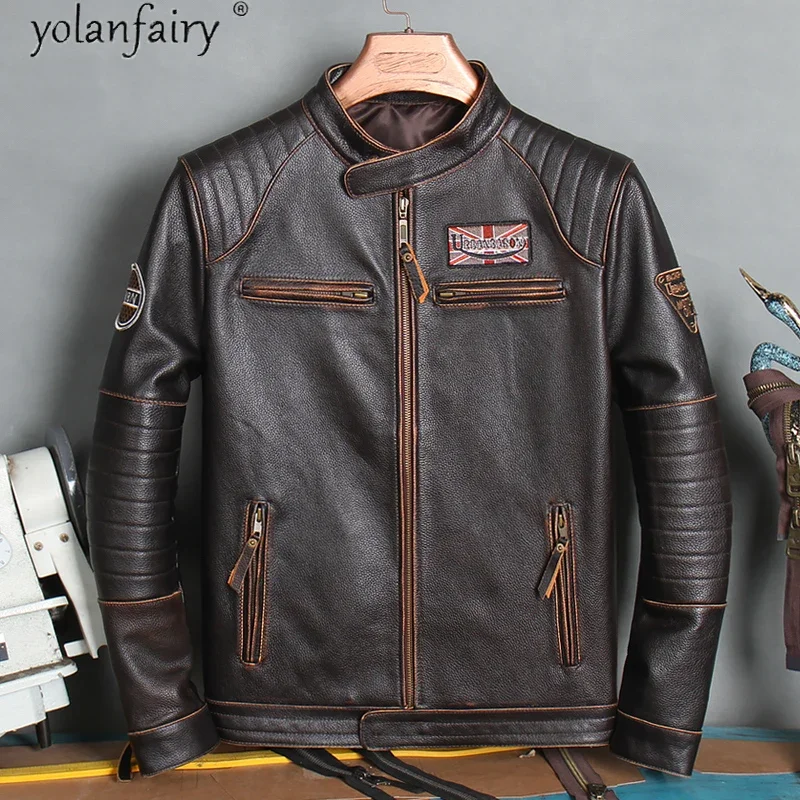 Veste de motard brodée en cuir de vache véritable pour hommes, manteau court vintage, vestes de moto, 100% cuir de vache, XP680 distillé KJ