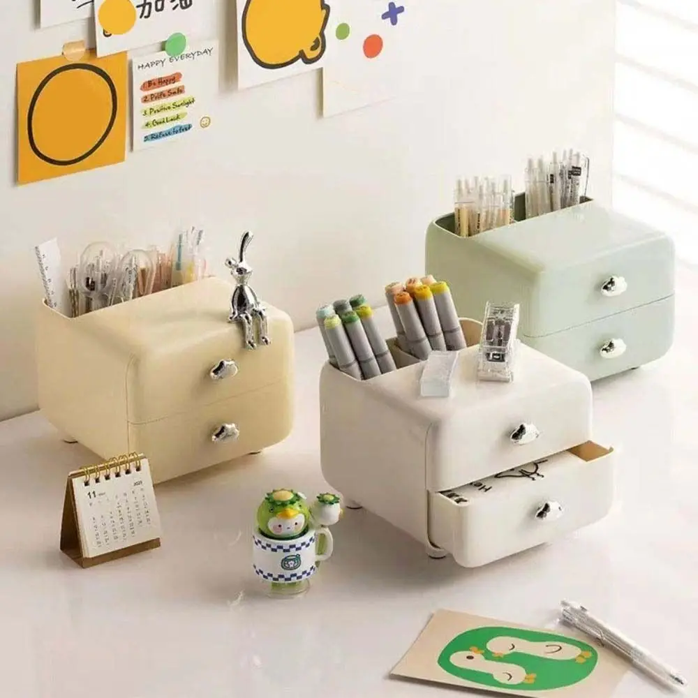 Multifunction Desktop Organizer Shelf Large Capacity Double Drawer Pen Holder Cream Color Display Desktop Organizer Home Use