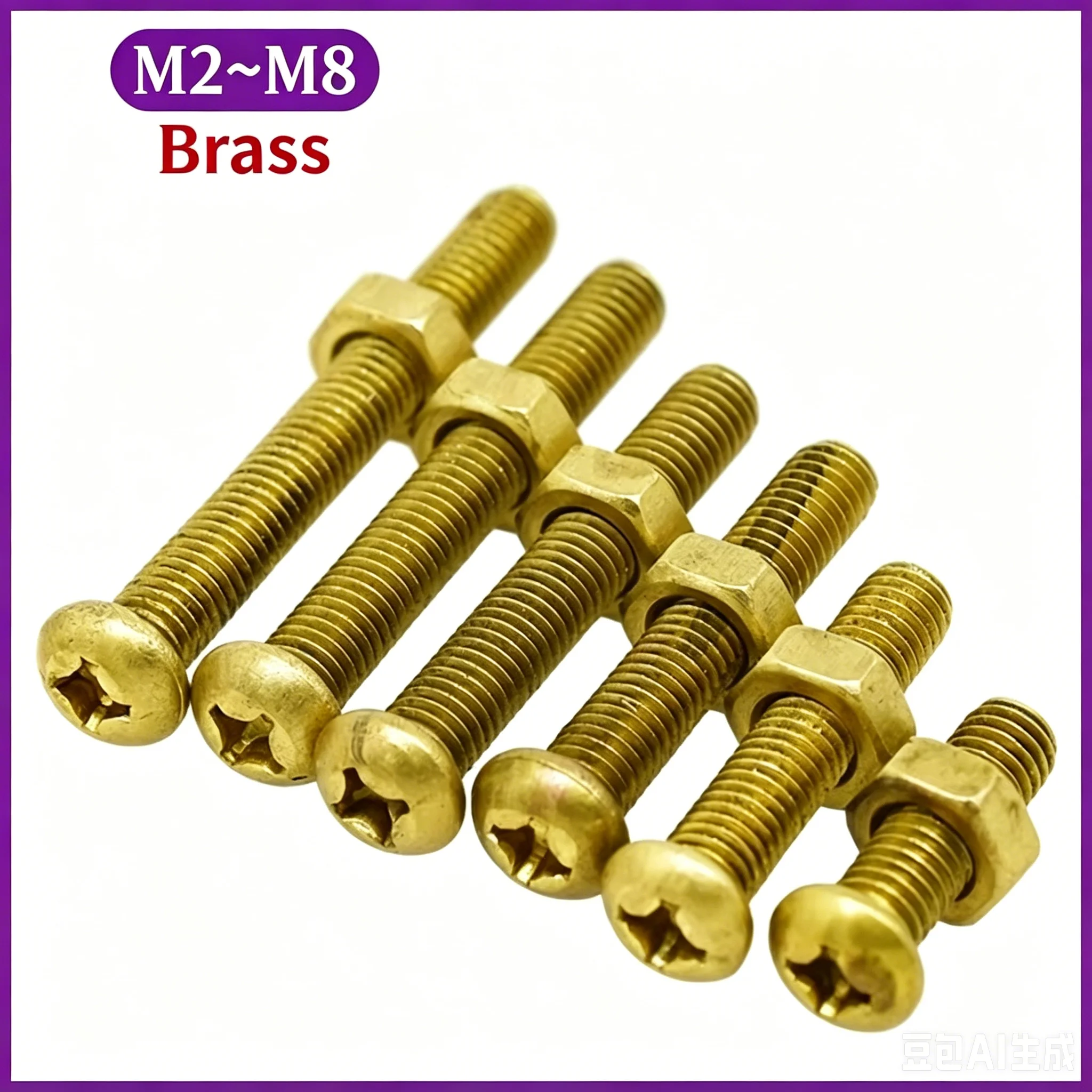 Metal Hardware Combination Set Brass Round Pan Head Phillips Screws with Hex Nuts M2 M2.5 M3 M4 M5 M6 M8