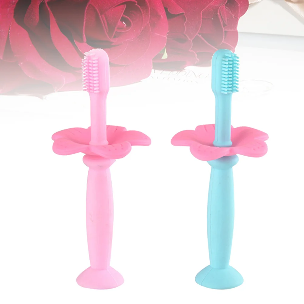 2 قطعة تدريب الطفل فرشاة أسنان من السيليكون واقية يربك مكافحة الاختناق طفل دليل شعيرات ناعمة العناية بالفم الوردي الأزرق #1