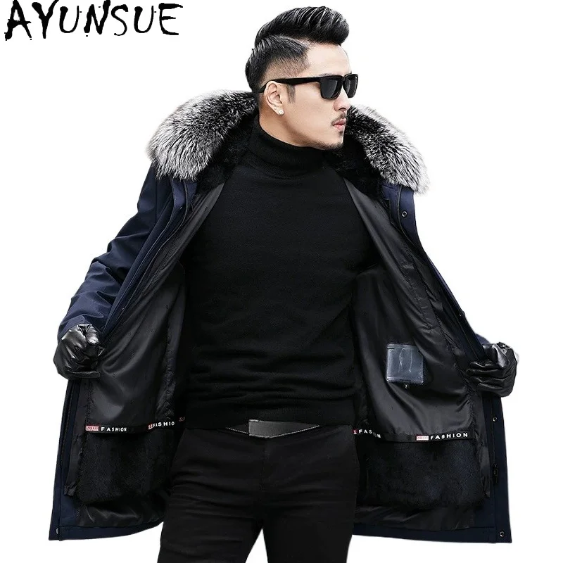 AYUNSUE Warm Natural Fur Coat Men Parkas Winter Detachable Mink Fur Liner Jacket Mid-length Hooded Fox Collar Real Fur Coats Man