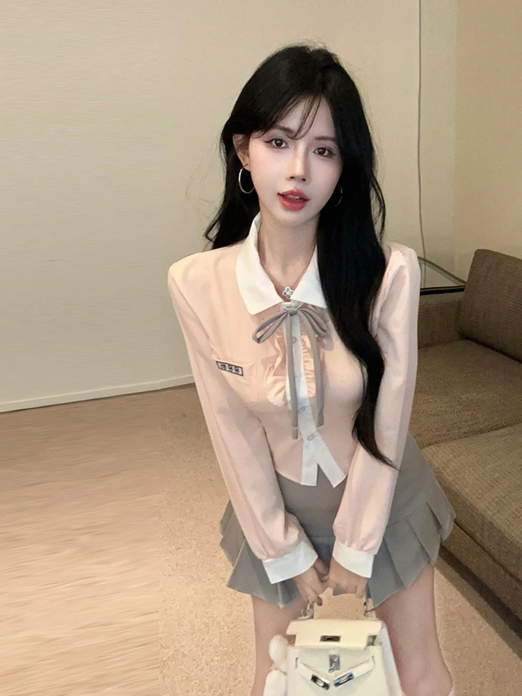 Korean College Style Sweet Jk Uniform Collar Color Block Single Button Long Sleeve Shirt Grey Pleated Skirt Set Youthful