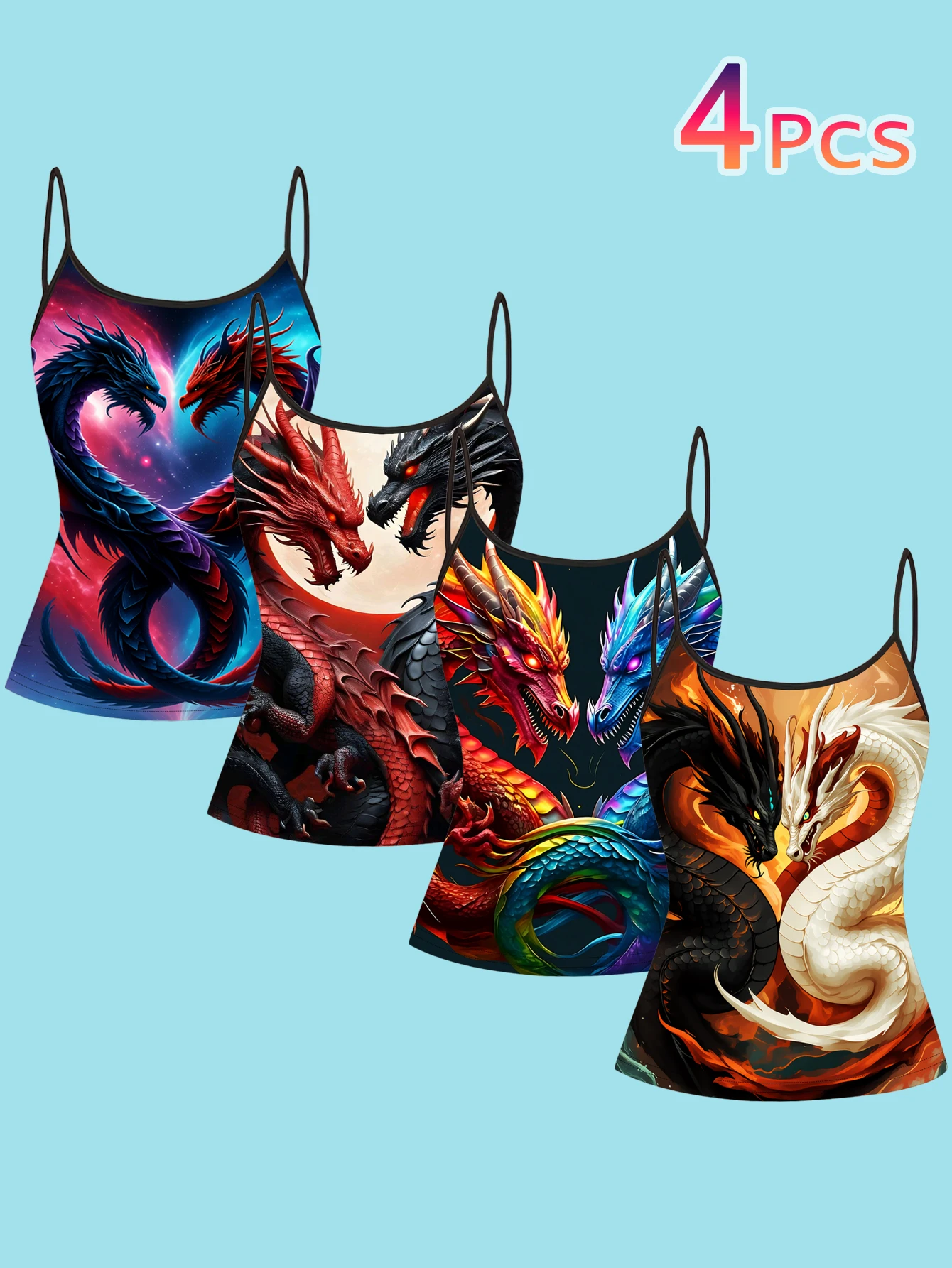 4-Piece Set of Women's Double Dragon Print Camisoles, Slim-Fit Spaghetti Strap Tops with Double Dragon Design and Full Moon Nebula Pattern