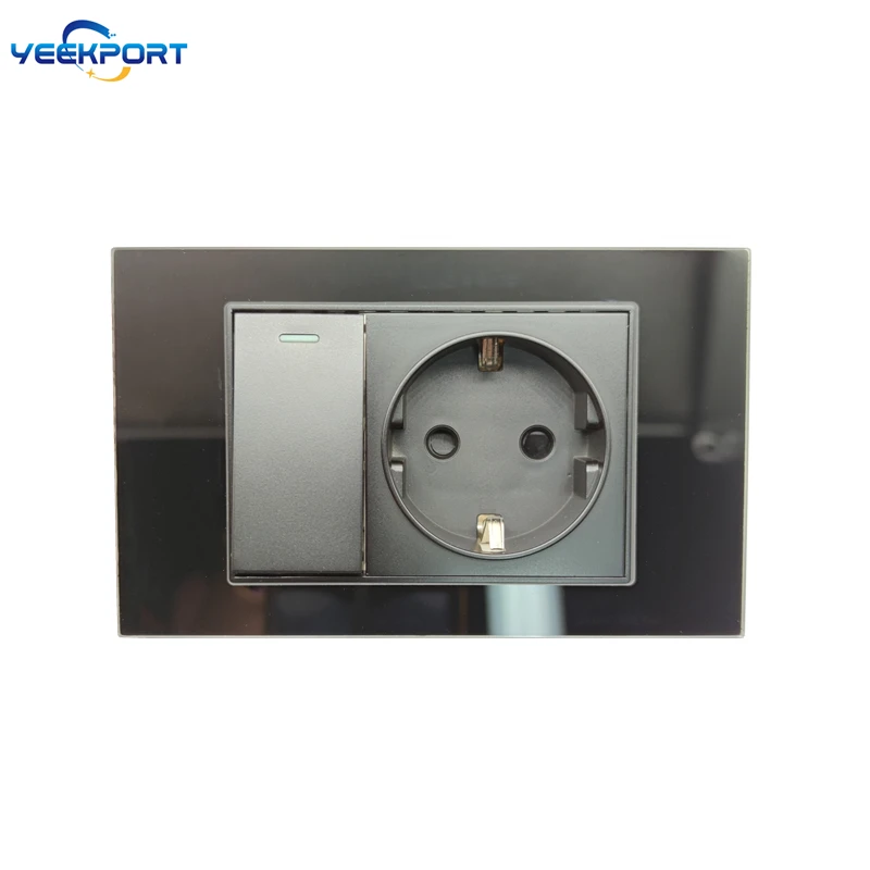 

Розетка настенная комбинированная 118 мм, стандарт ЕС, немецкий стандарт, черная, с панелью из закаленного стекла, 16А, 2-контактная, с выключателем