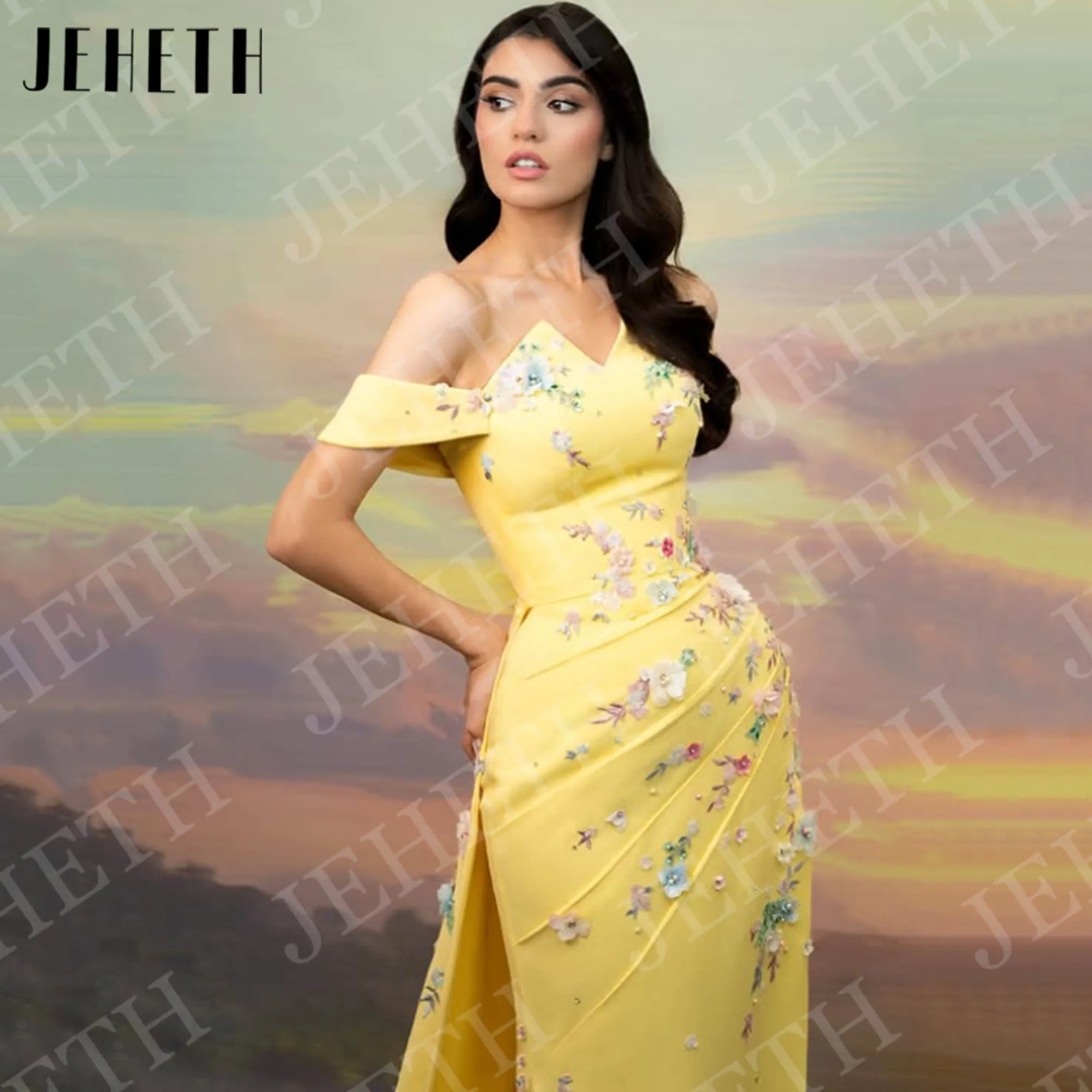 예헤스 럭셔리 머메이드 이브닝 드레스 프롬 여성 플로럴 아플리케 오프숄더 정장 파티 드레스 옐로우 맞춤 제작 이브닝 드레스고급스러운 인Mermaid Evening Dresses Prom주문을 받아서 만드는 어깨 공식적인 파티 드레스 노란색에서 여자 꽃 애플리케이션