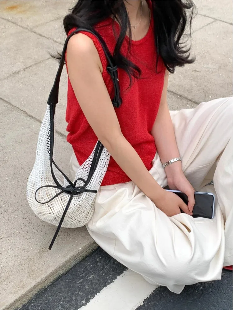 

Hollow Woven Fishing Net Bags For Women Korean Version Bow Mesh Shoulder Bags 2025 New Summer Fashion Solid Color Trend Handbags