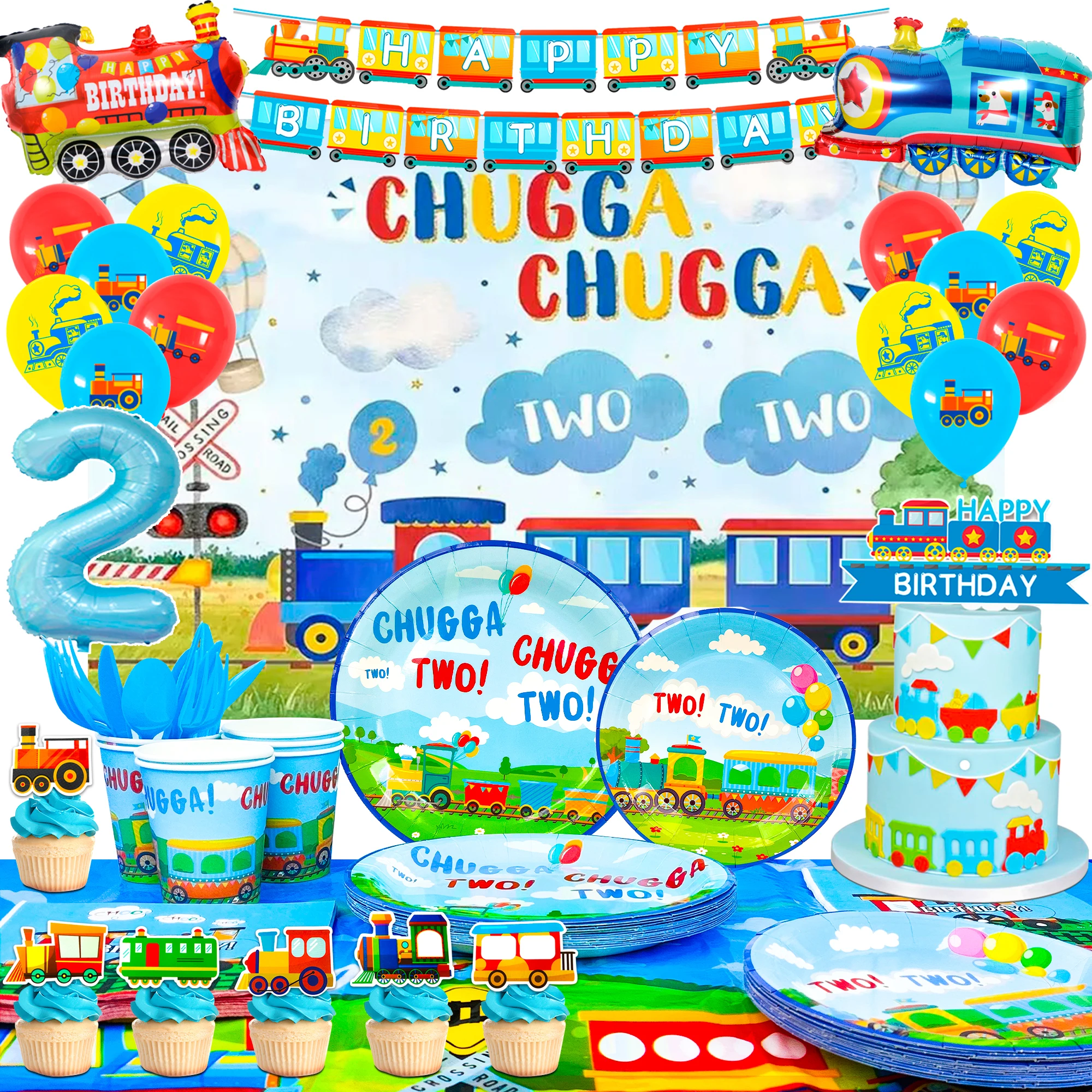 Chugga Chugga Two Two Party Decorations,157pcs Decorations&Train Party Tableware Set-Train Plates Cups Napkins Backdrop etc