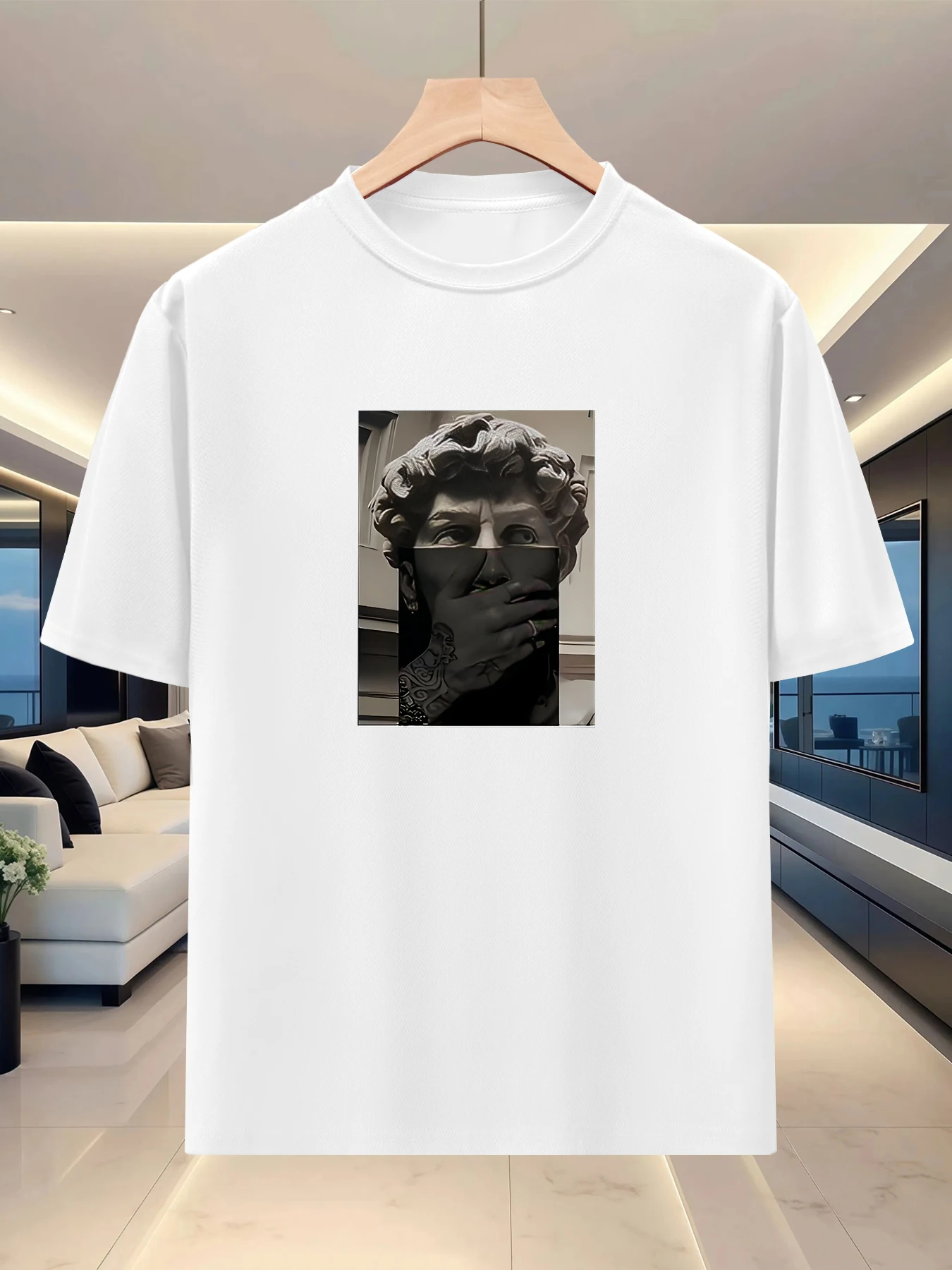 Men's round neck loose top with artistic atmosphere, trendy spring and summer travel, creative printed shoulder down half sleeve