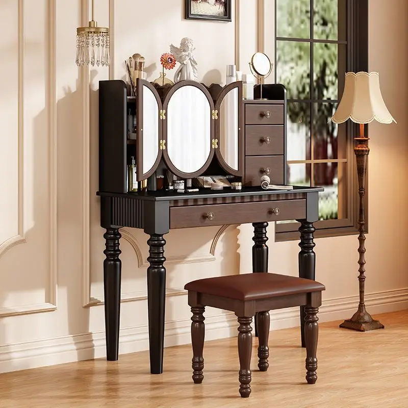

American solid wood dresser makeup mirror modern light luxury retro French desk makeup table integrated bedroom small apartment