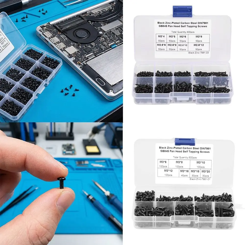 400pcs/500pcs Cross Recessed Head Self Tapping Screws Button Head Carbon Steel Pan Head Screws Black Finish Cross Drive
