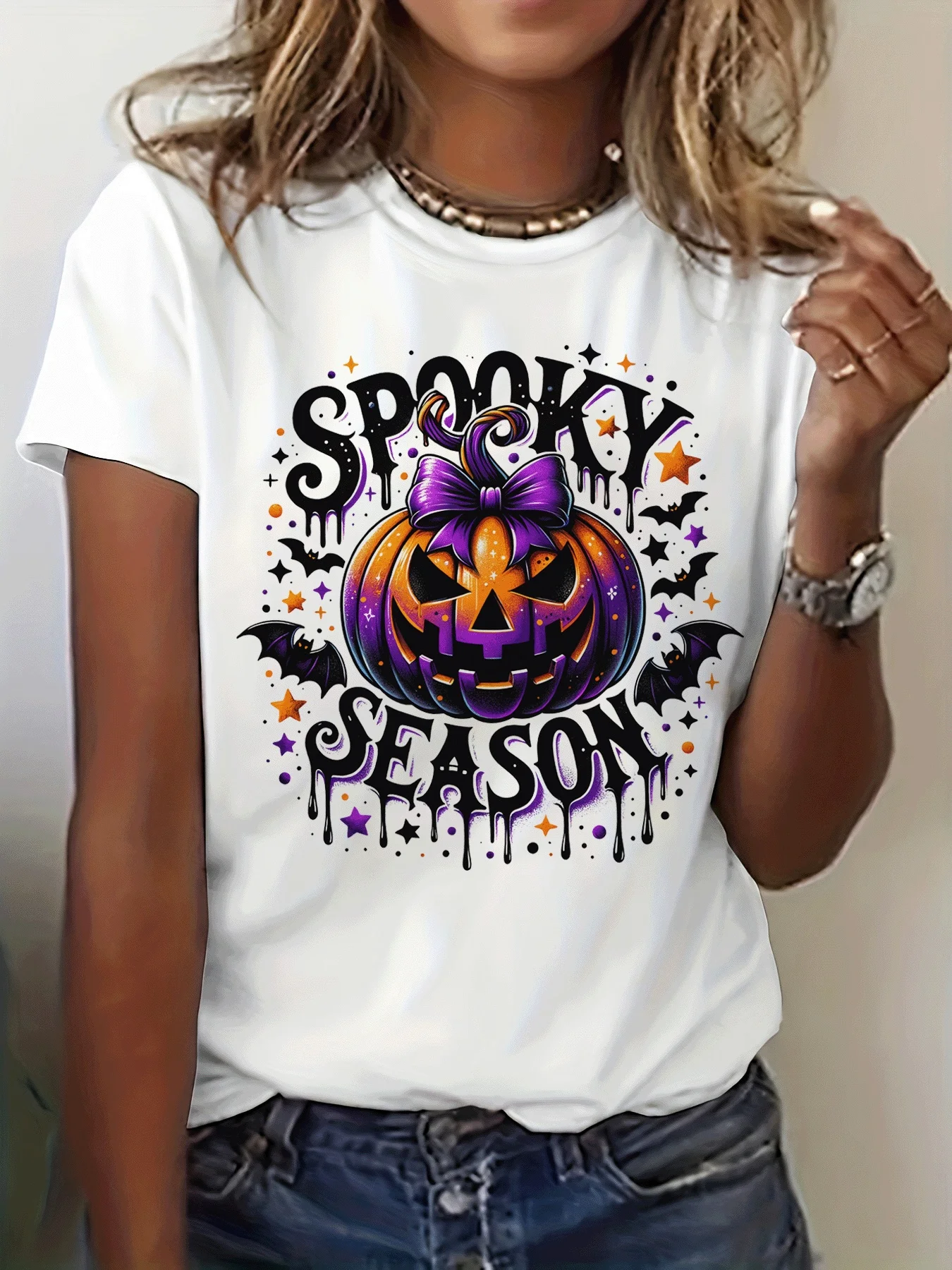 Halloween Horror Pumpkin Pattern Print T-Shirt Suitable Casual Wear in Any Season Women's Funny Fashion T Shirt Clothes Tops Y2k