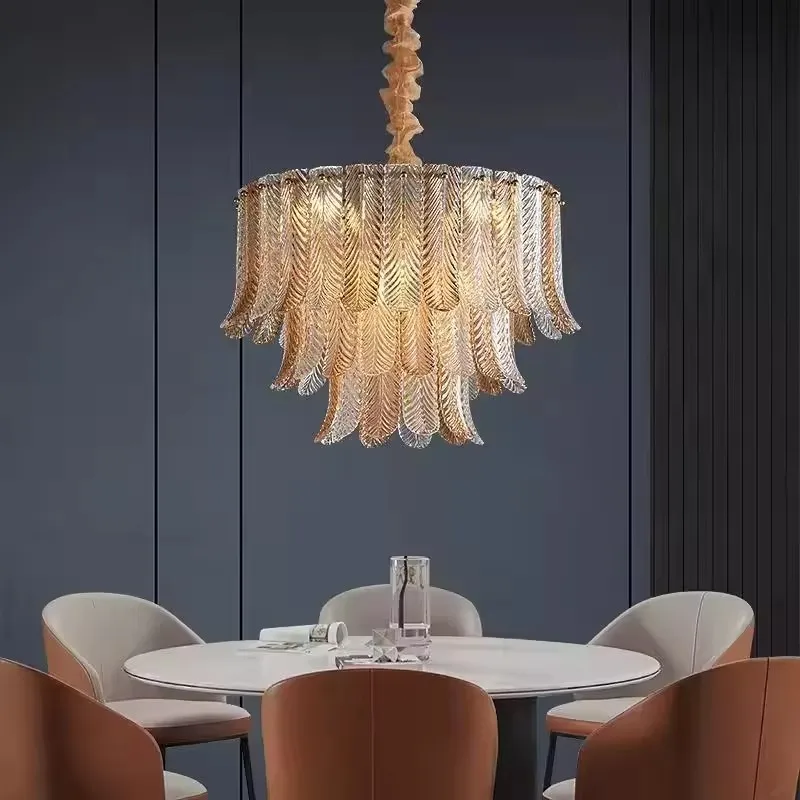 Home Decoration Nordic Luxury Feather Glass Ceiling Chandelier Lights Round E14 Base Suspension Luminaire FOR Room Decor