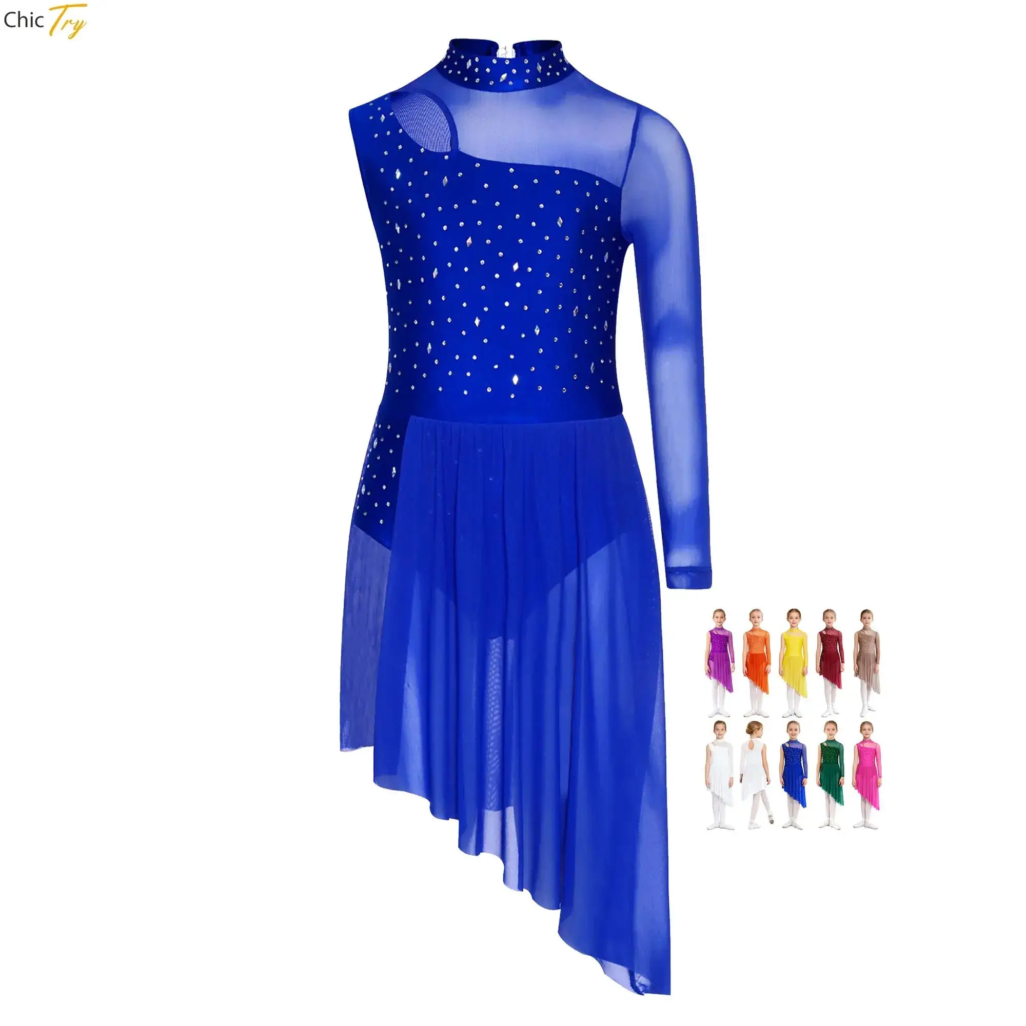 

Детский гимнастический костюм для фигурного катания для девочек, балетный костюм для лирического танца, прозрачное сетчатое платье с одним рукавом и рюшами, платье-купальник со стразами