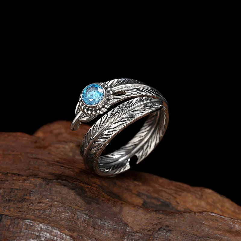 Wholesale S925 pure silver rings for men and women, feather inlaid with zircon, fashionable retro Thai silver rings, index finge