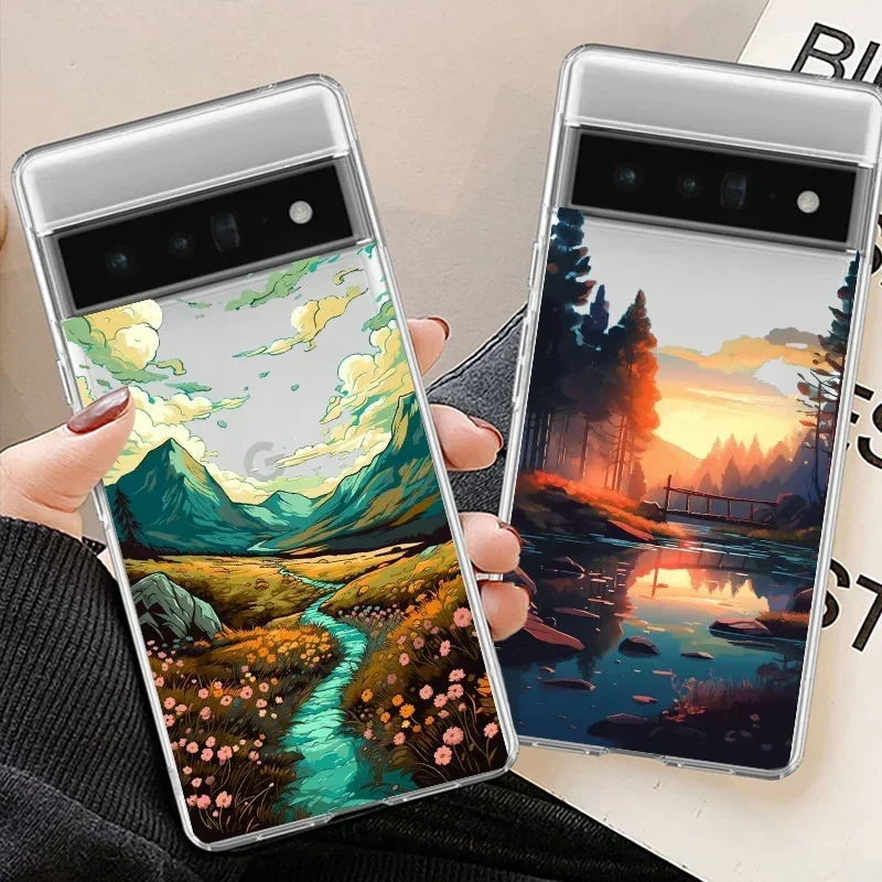 Luxury Sunset Phone Case for Google Pixel 8 9Pro XL 6 6A 5G 7 Pro 7A Scenery Landscape Transaprent Soft Cover Fundas Coque Cover