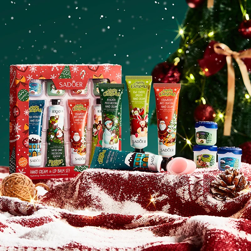 8pcs/Set SADOER Christmas Hand Cream Lip Balm Kit Moisturizing Anti Wrinkle Lipstick Lip Plumper Lips Hands Skin Care Sets