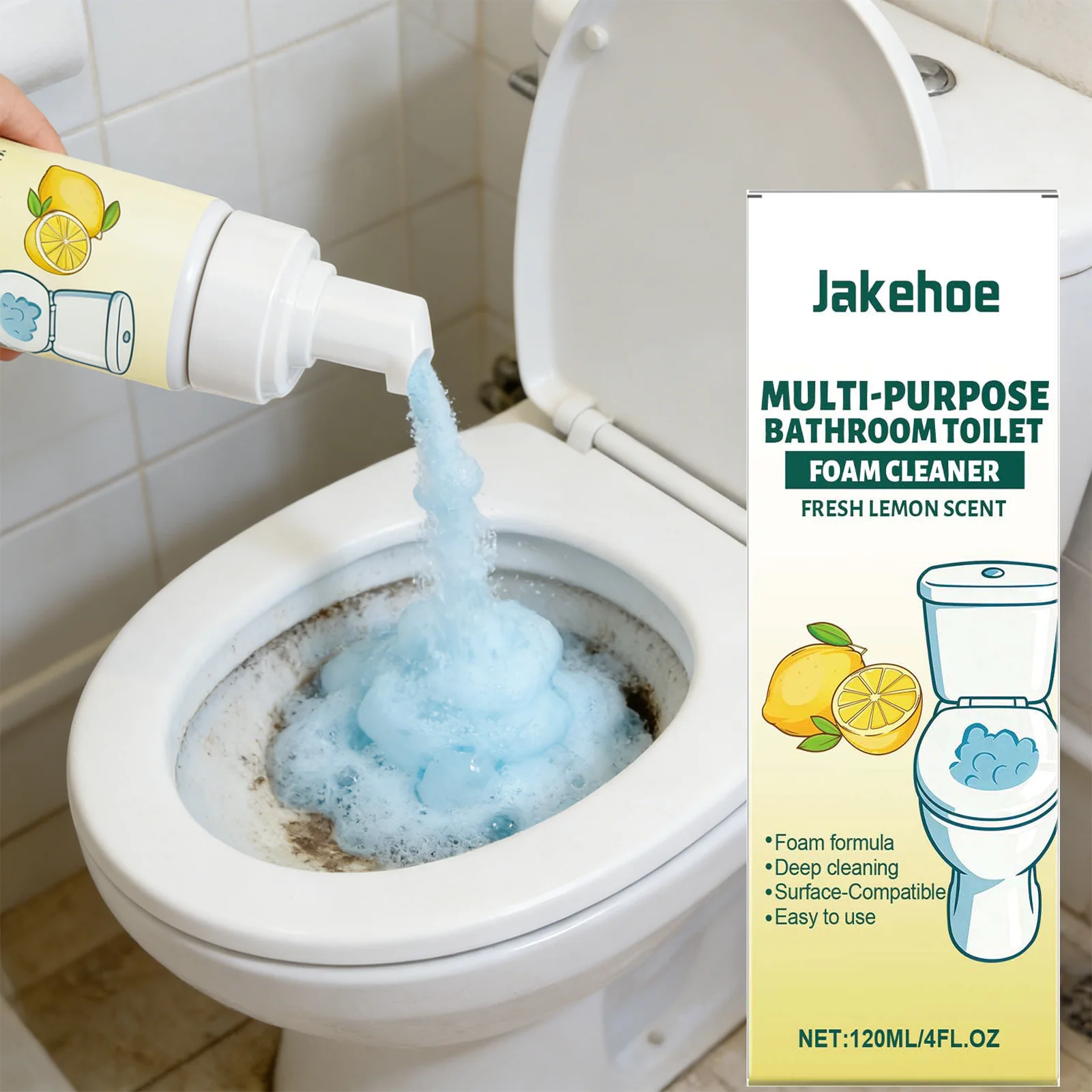 Multi Purpose Bathroom Cleaner Active Foam Toilet Deodorizer Limescale Remover Tile and Grout Hygienic Lemon Fragrance Spray