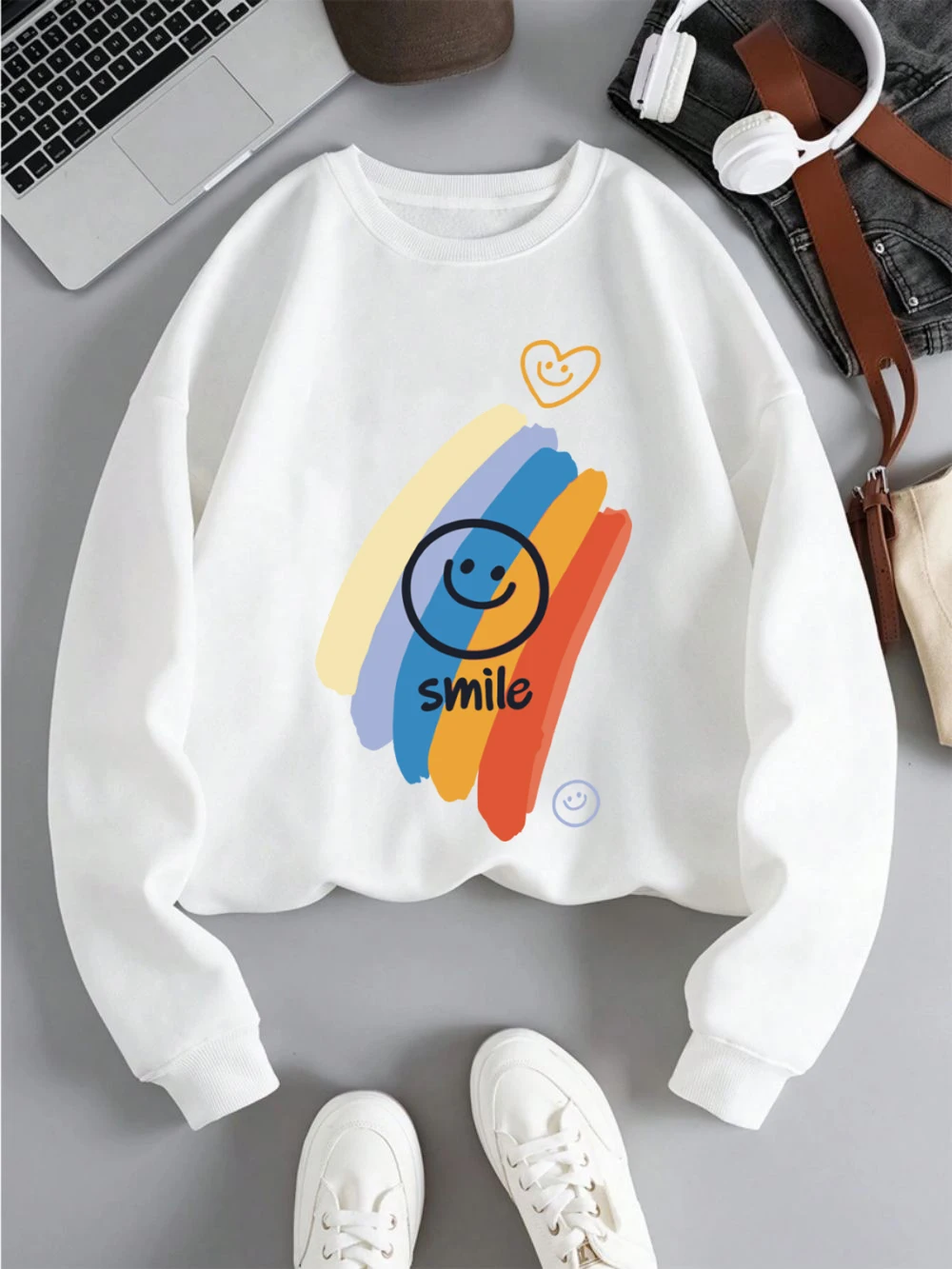 Rainbow Sweatshirts Womens Smile Face Printed Hoodies Fleece Warm Crewneck Loose Pullover Fashion Comfortable Female Clothes