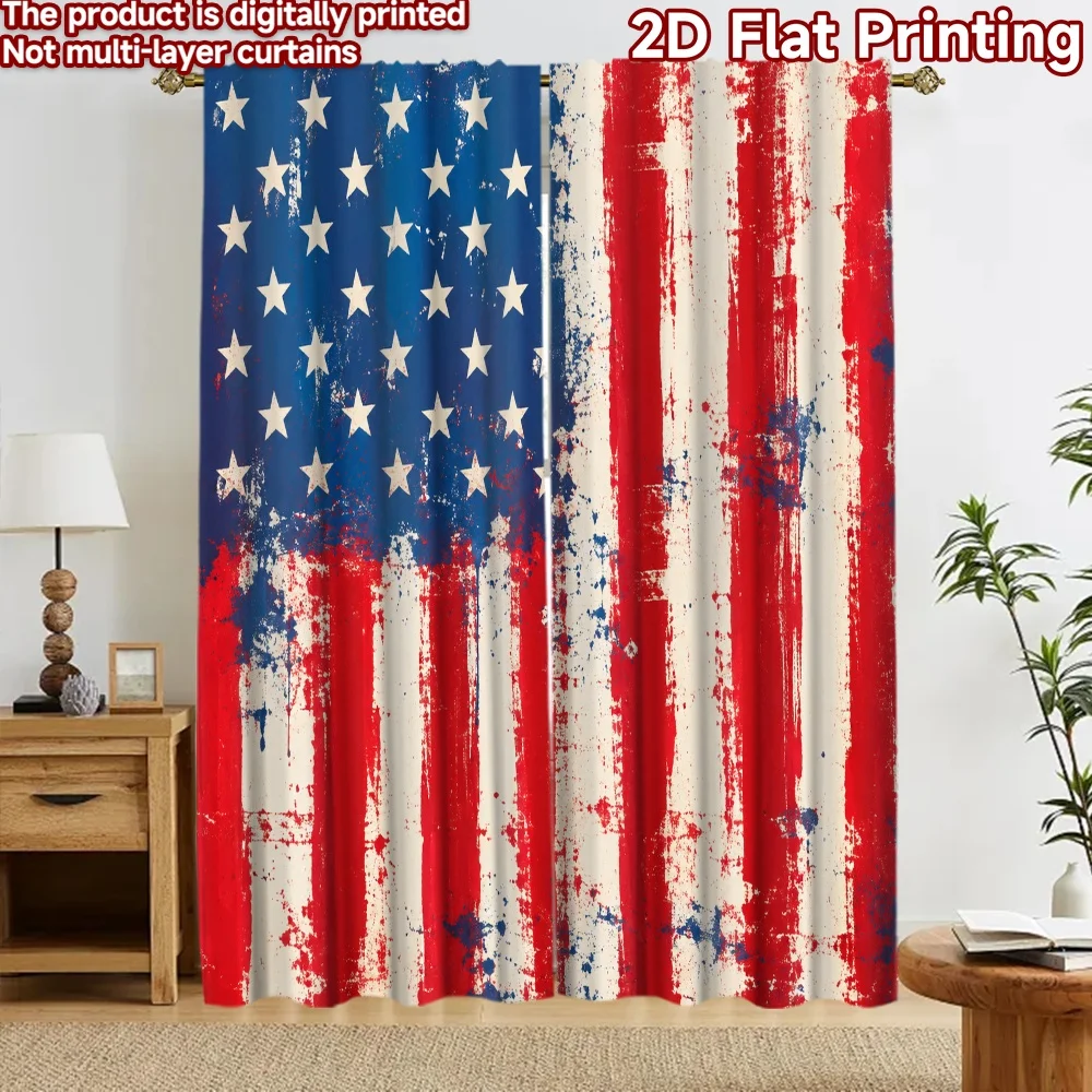 2D flat 2pcs Curtain Country Style Curtains Independence Day American Flag Digitally printed polyester, colorfast Birthday Party