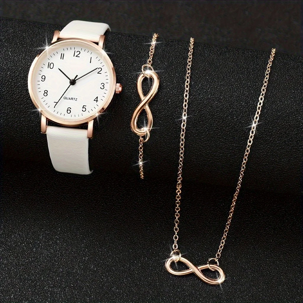 Kegllect-Montre à quartz avec pointeur rond pour femme, montre-bracelet analogique en cuir PU, ensemble de bijoux décontractés, 3 pièces