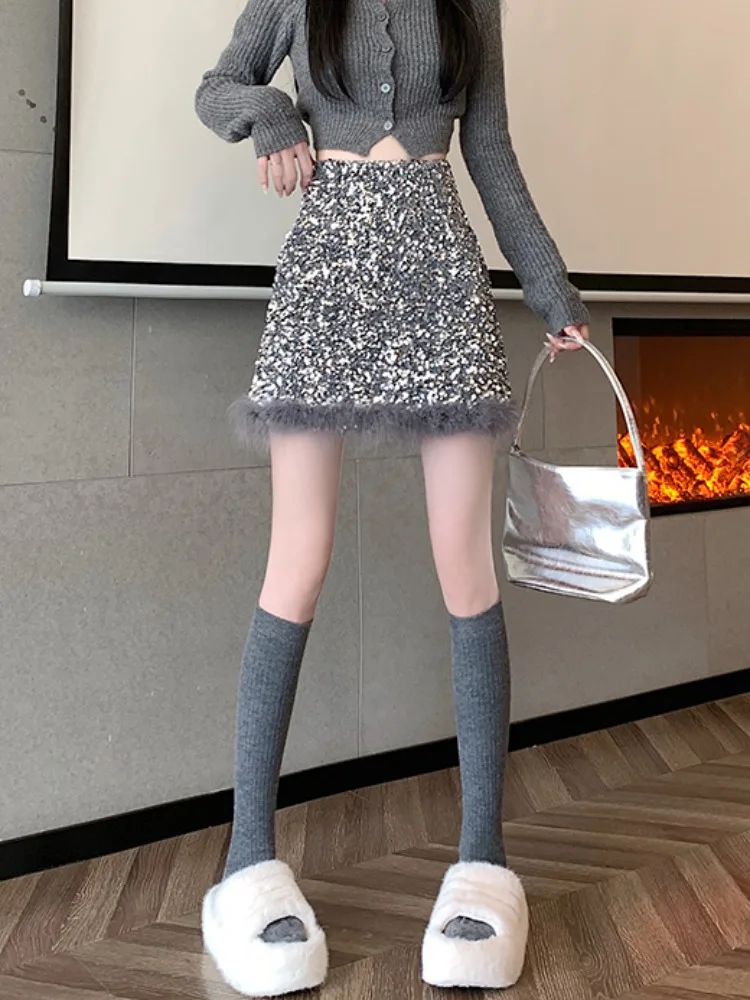 Modna spódnica z wysokim stanem, cekinowa, damska, nowa kolekcja jesień-zima 2025, spódnica w kształcie litery A, srebrna spódnica do połowy łydki.