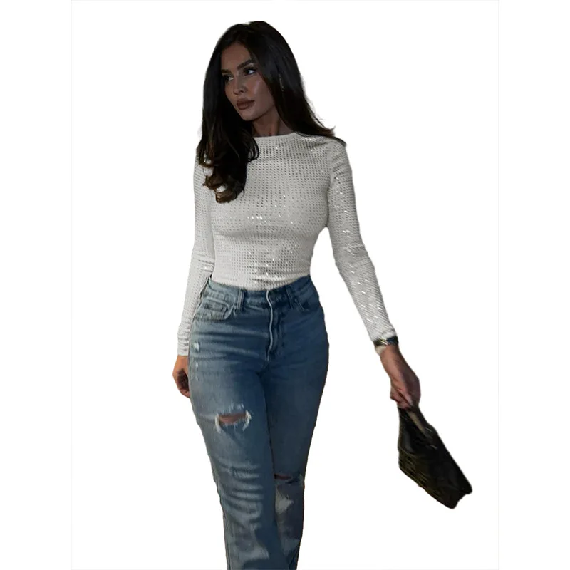 INS2025 Spring New Women's Fashion Crew Neck Long Sleeve Hot Diamond Slim Short T-Shirt Women
